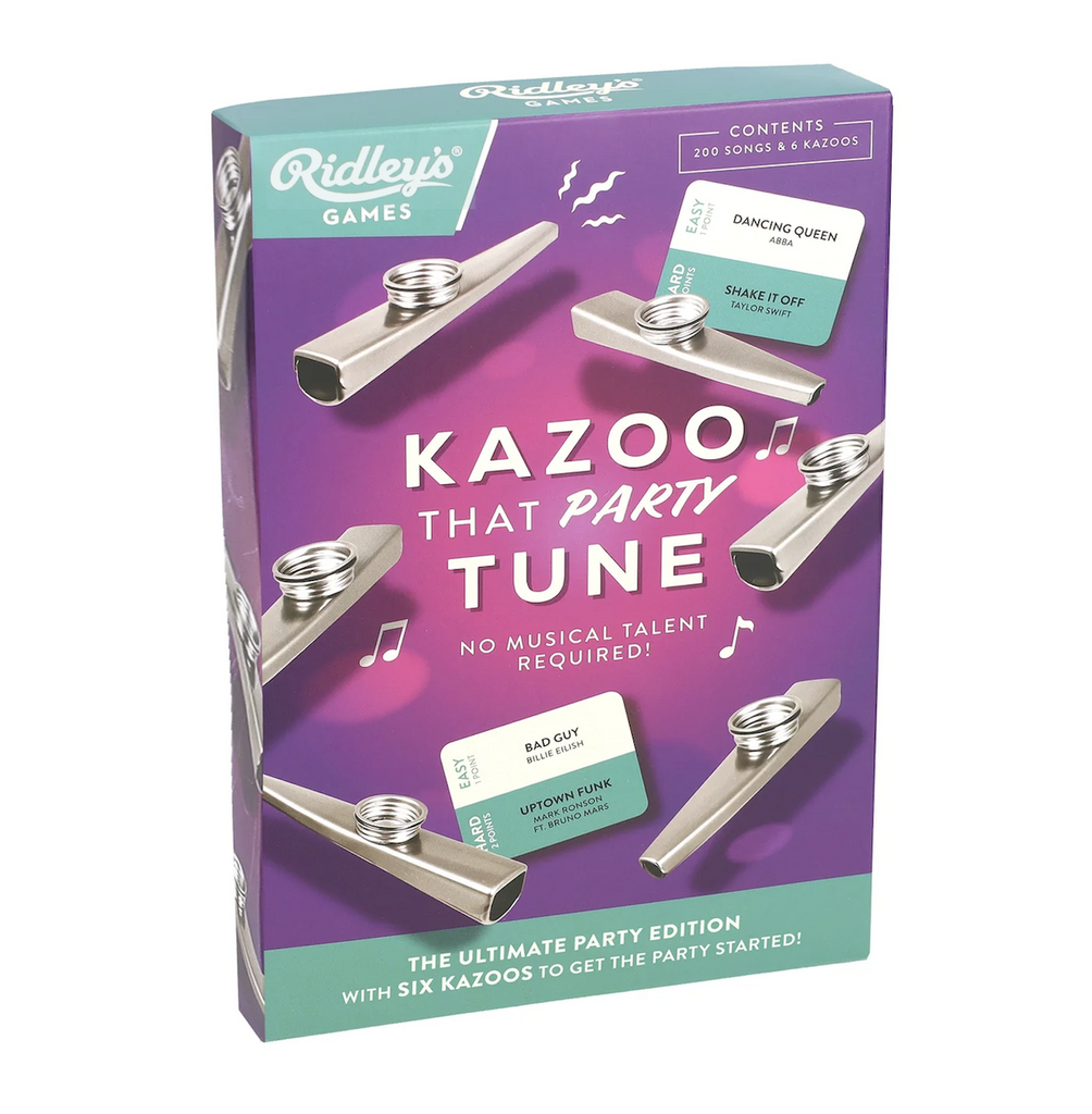 Purple and green box with silver kazoos pictured on the front and game cards with songs to play for the Kazoo That Party Tune game. 