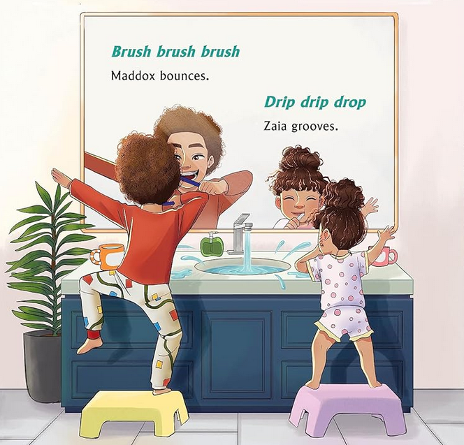 Internal page from "Keep Dancing Through" with illustration of sibling brushing their teeth with lyrical text. 