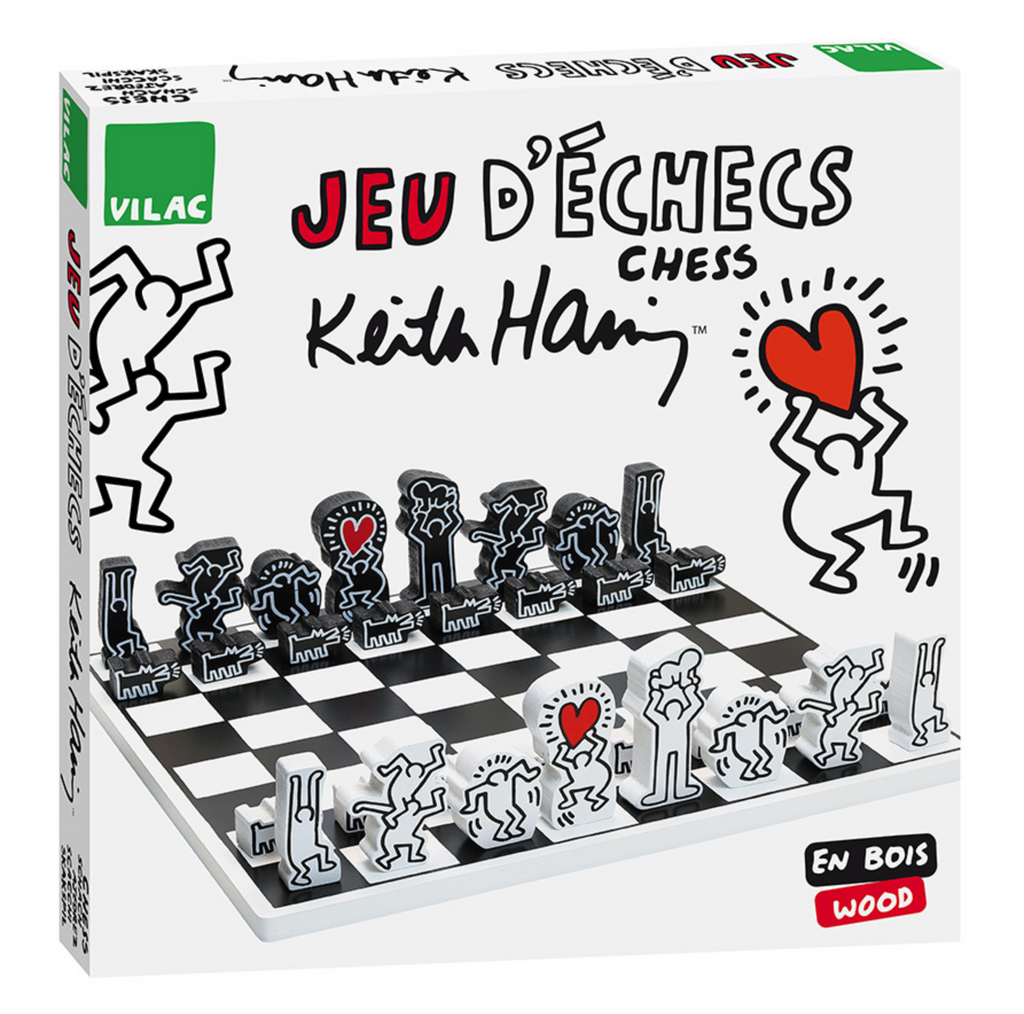 Chess Keith Haring wood game box, featuring Keith Haring's iconic pop-art style chess pieces and a black-and-white checkered board on the front packaging.