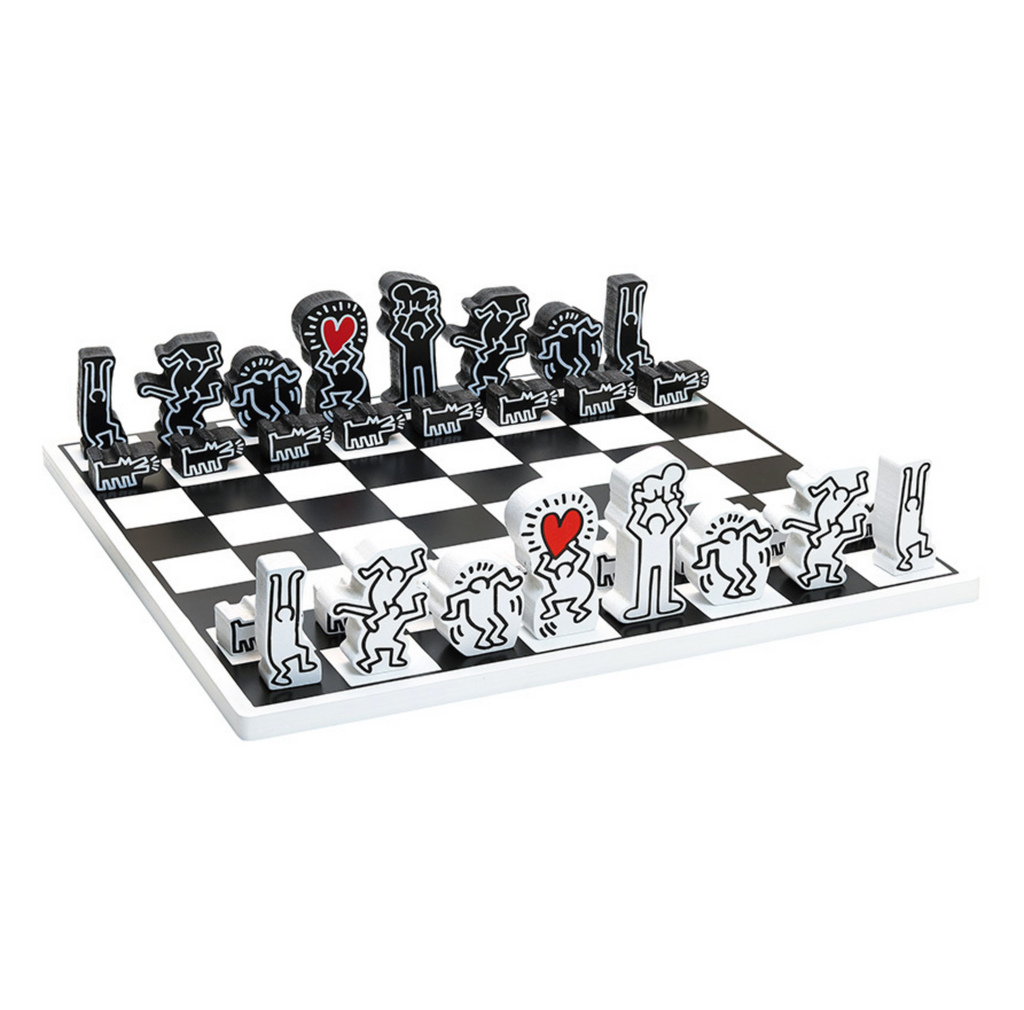 Chess set with black and white pieces on a checkered board