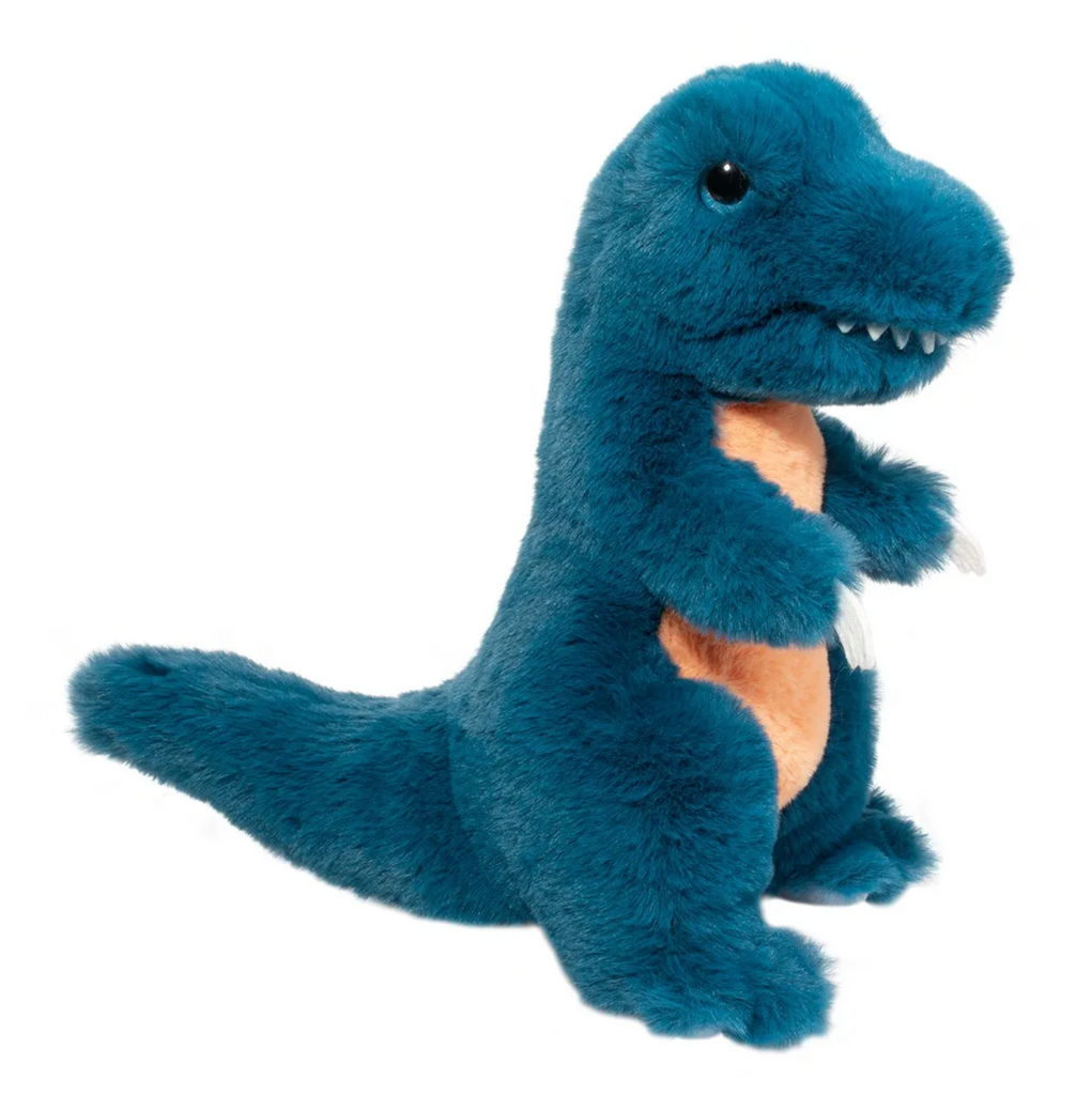 Blue plush standing T Rex with light orange belly.