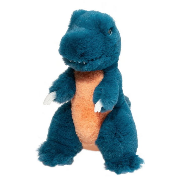 Blue plush standing T Rex with light orange belly.