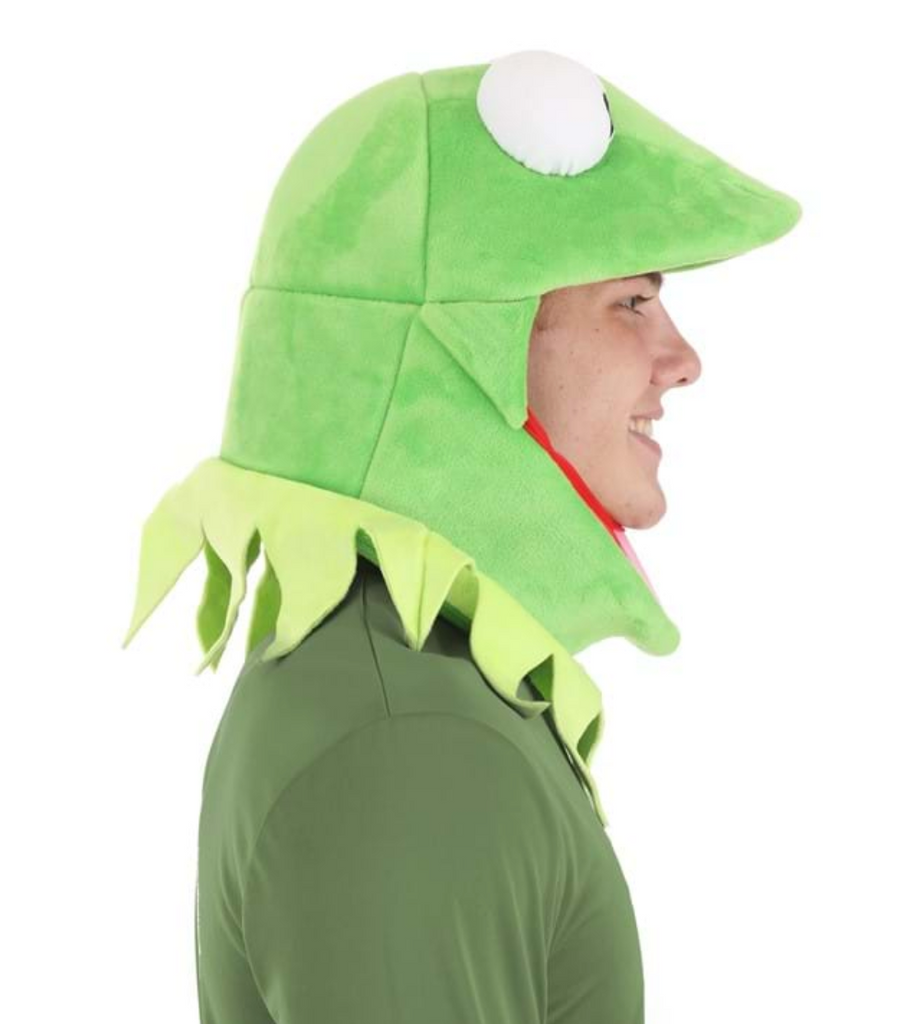 Side view of the Kermit Jawsome Hat and Collar has soft sculpted eyes on top, appliqued tongue on lower jaw, jagged collar sewn to lower edge and is being worn by an adult. 