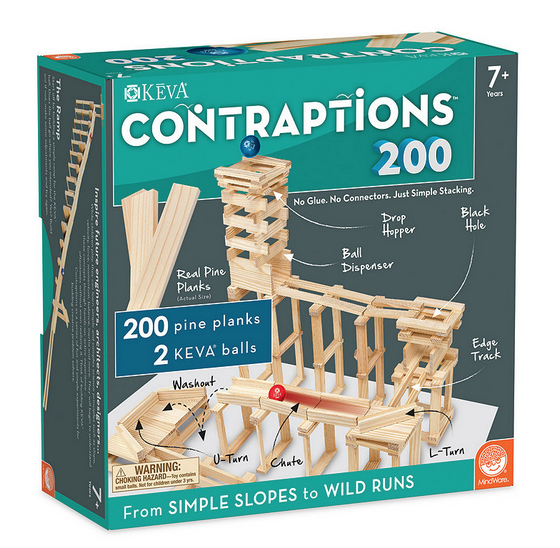 Front of box containg KEVA Contraptions 200 with a picture of a structure built using the pine planks and balls includedn in the set.