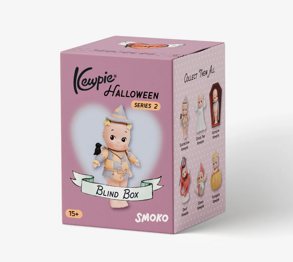 Light purple box with a picture of a Kewpie figure wearing a scarecrow costume. The front of the box reads Kewpie Halloween Series 2 Blind Box and shows the view on one side that features all styles available in this series. 