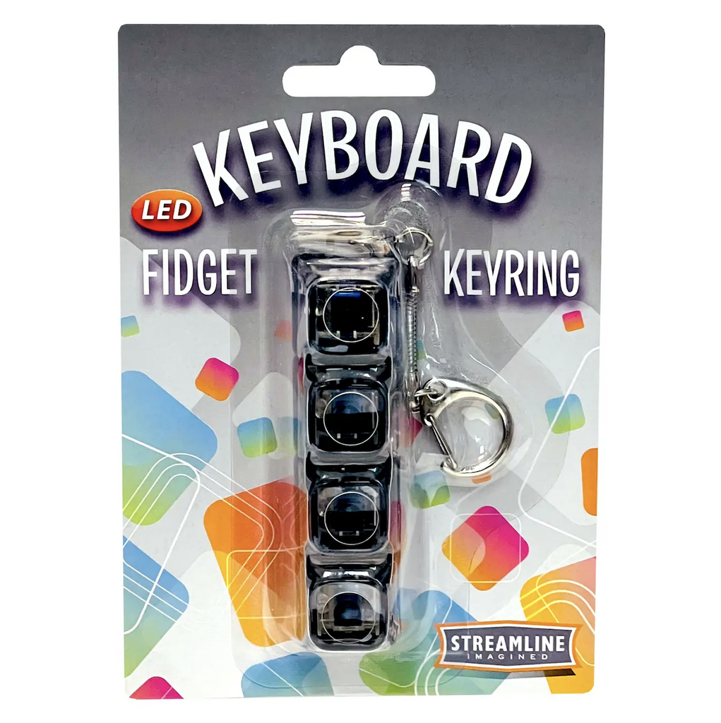 Keyboard Fidget LED Fidget Keyring in black packaged on a colorful backing card. 