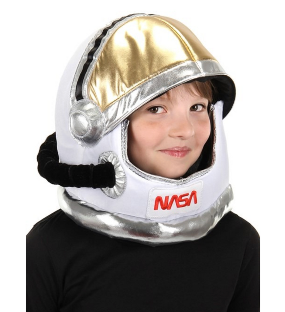 A young child wearing the Kid's Space Plush Helmet. 