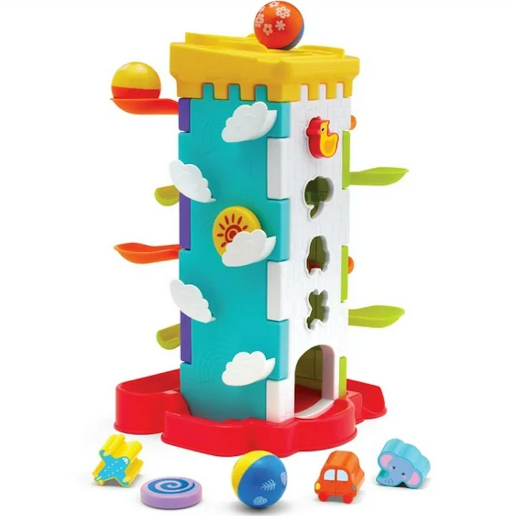The Kidoozie Drop n' Roll Activity Tower a colorful tower with different activities on each side. Showing two sides including a shape sorter and a ball drop. 
