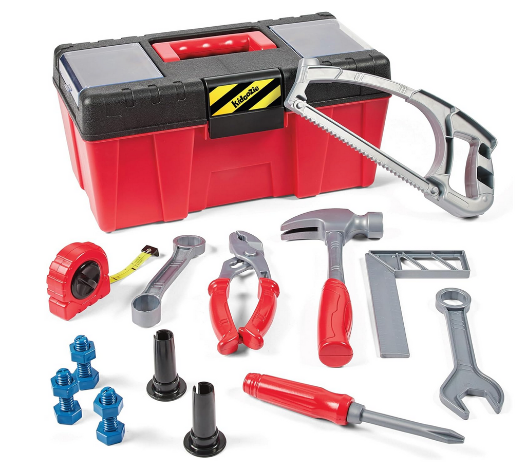 Kid sized toy tools laid out in front of a red and black tool box.