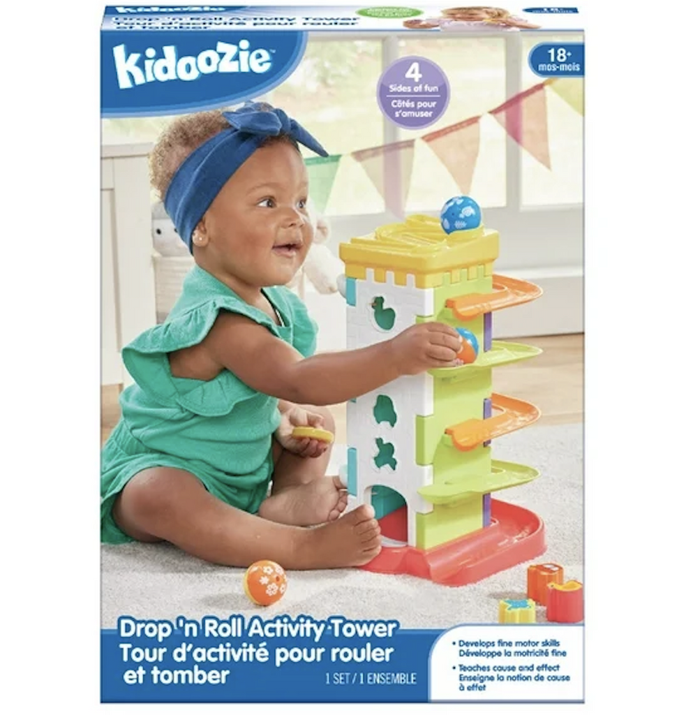 Kidoozie Drop 'n Roll Activity Tower box featuring a picture of a toddler rolling a ball down the tower. 