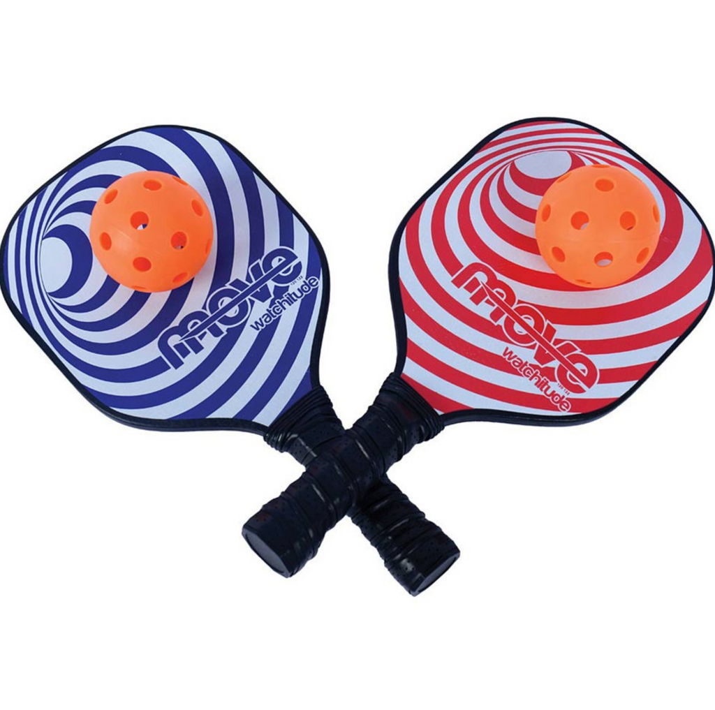 Set of one red and one blue oversized pickleball paddles and 2 orange light weight balls.