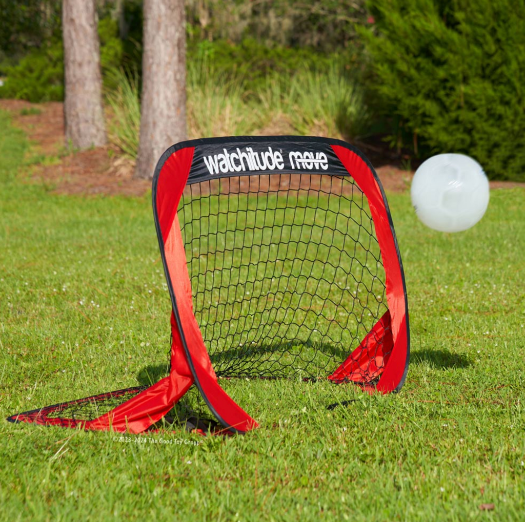 Kids Soccer Goal set up in a grassy field with a white a soccer ball going into the net.