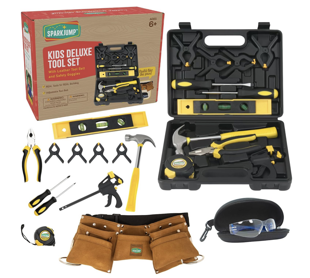 The Kids Deluxe Tool Set. Pictured are all the tools included in the set spread out in front of the box, as well brown leather tool belt and safety glasses sitting in their case. In the right side of the picture is the tool box opened to show each of the tools in their spots. 