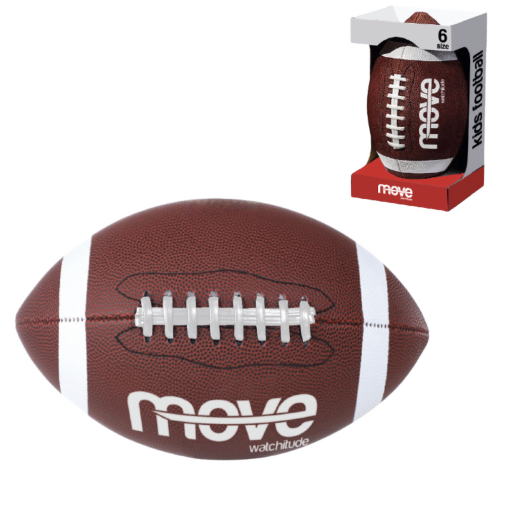 Kids sized football with white lacing and stripes on each end positioned in foreground of the picture with the football in an open box with "Size 6" written on the front. 