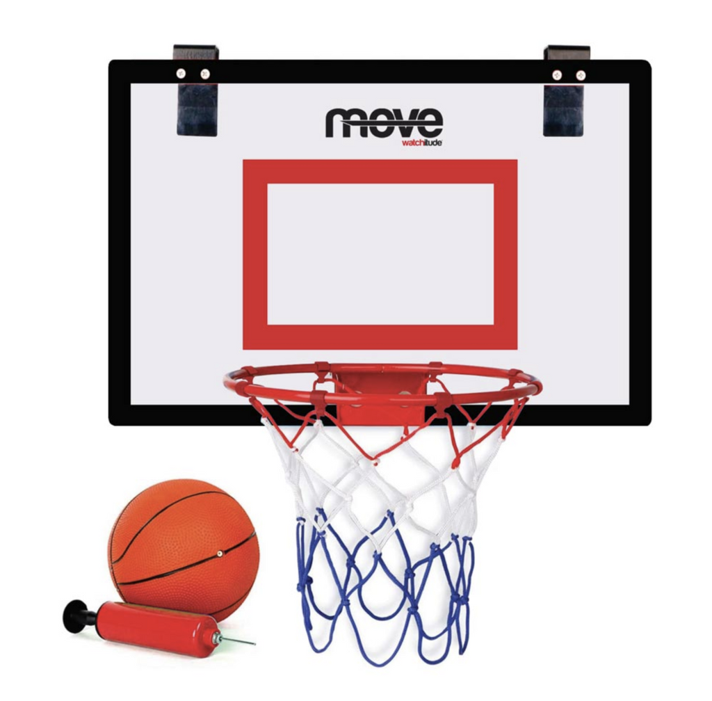 Kids Indoor Basketball backboard with attached red, white, and blue net. Comes with basketball and air pump.