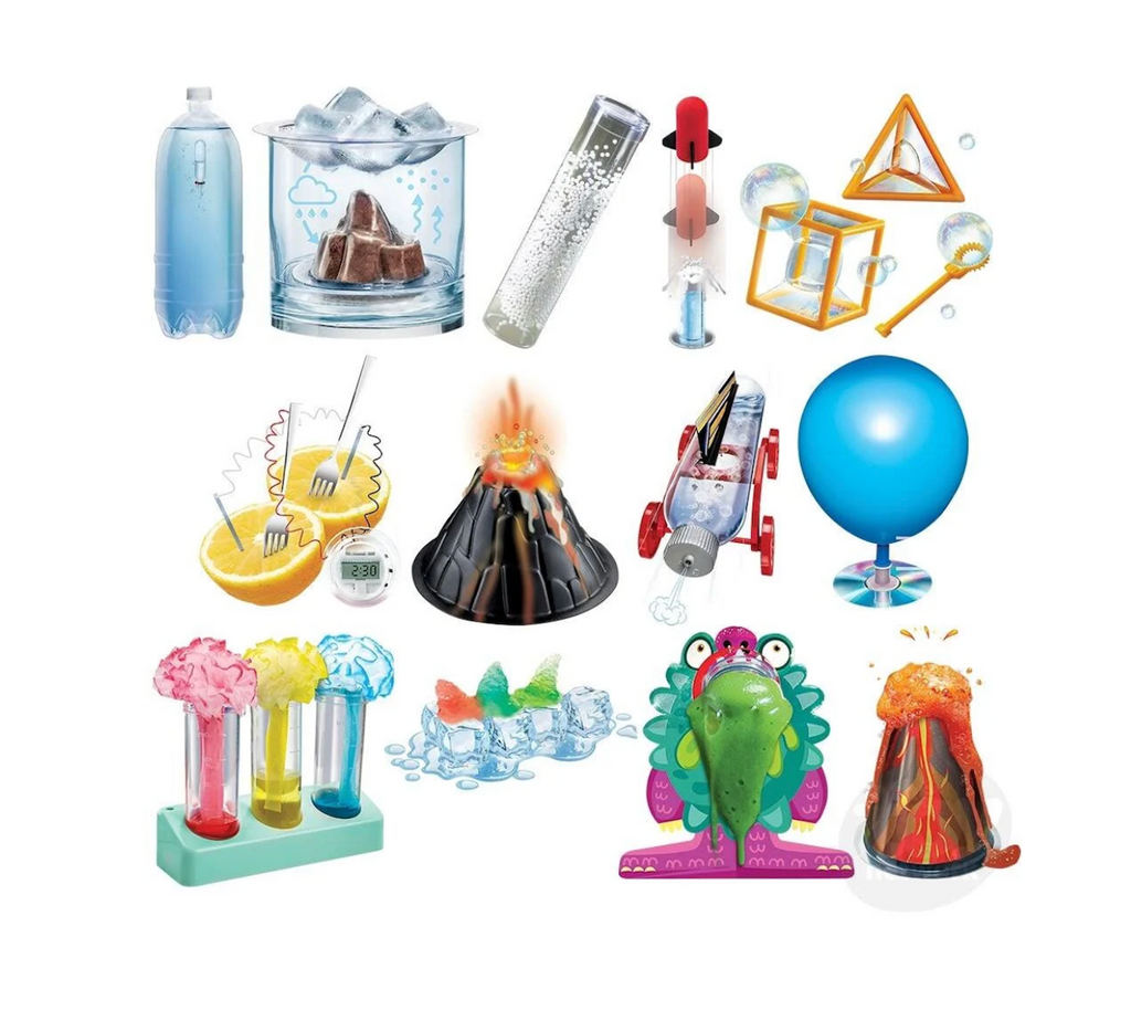 Collection of science experiments included within the Kidzlabs Mega Science Kit, including a fruit clock, volcano, bubble experiments and more. 