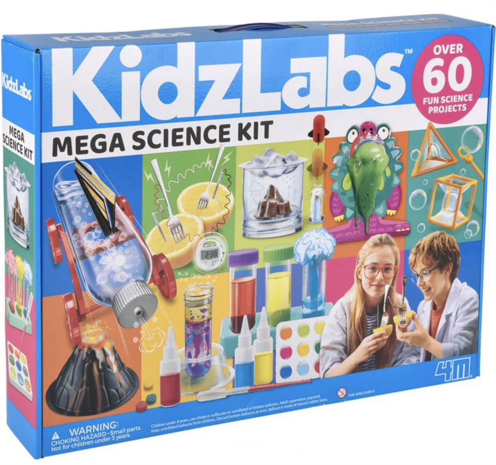 Box for the Kidzlabs Mega Science Kit featuring pictures depicting many of the science projects included in this Mega Kit. 