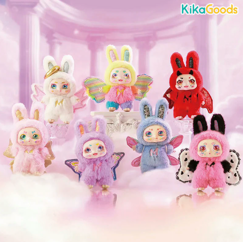Kimmon Dream Maker series a set of colorful toy figures with bunny ears and costumes on a soft pink background, featuring the brand 'KikaGoods'.