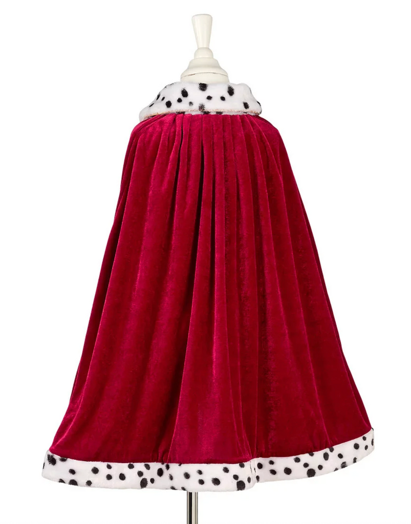 Red velvet cape with white and black speckled trim on a mannequin showing the back of the cape. 