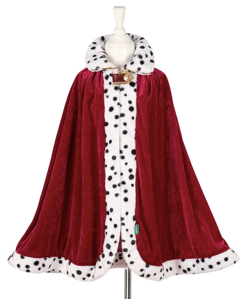 Red velvet cloak with gold details and soft white and black speckled faux fur. With a tab that fastens at the neck. 