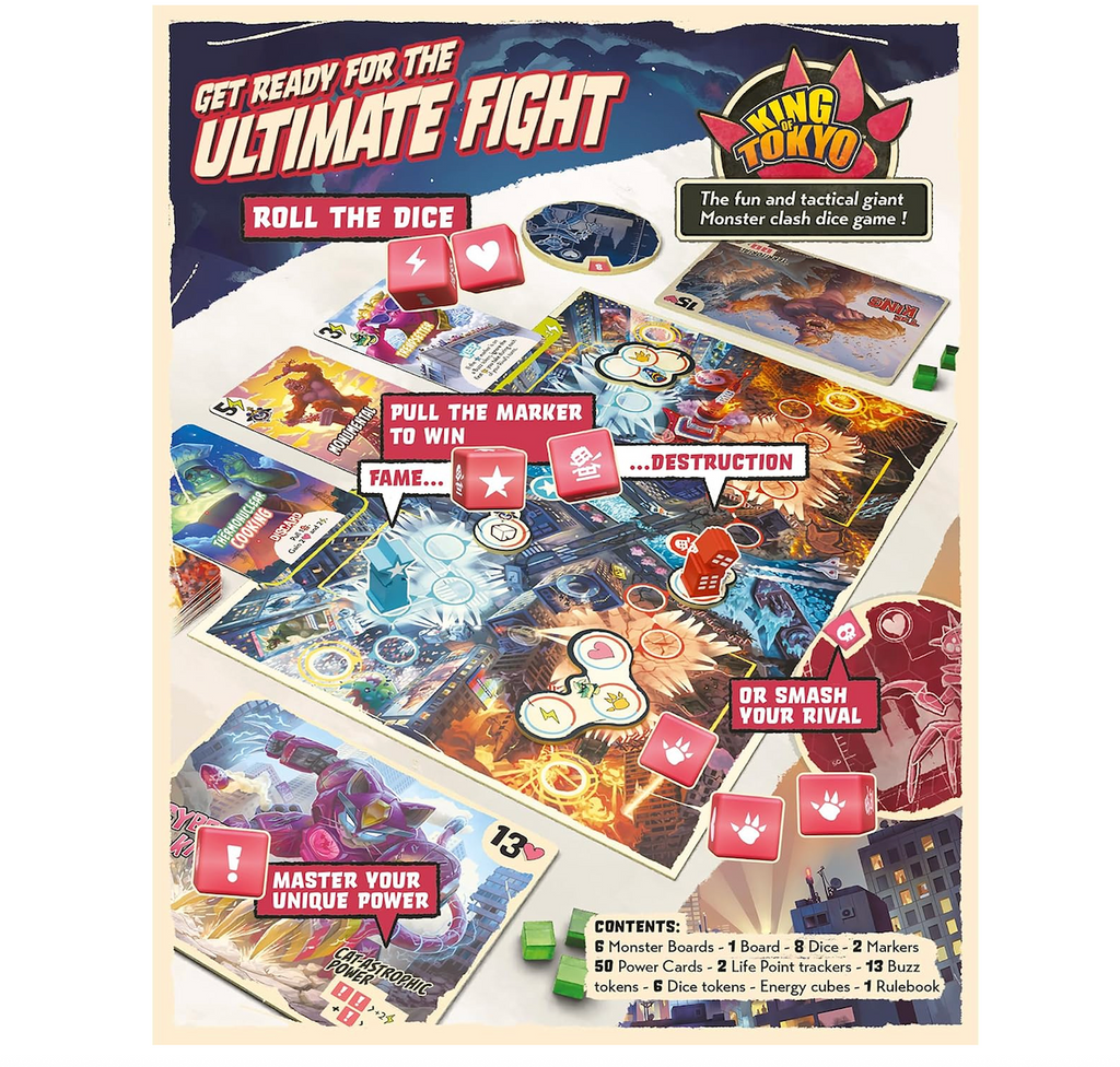 King Tokyo Ultimate Fight board game box back cover, showing illustrated game boards, dice, markers, and a list of contents. 