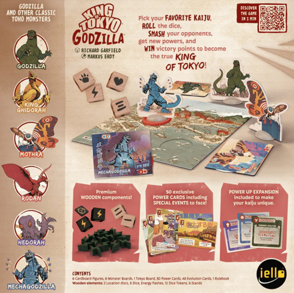 King of Tokyo Godzilla tabletop game box and board setup shown on the back of the box with illustrated monster graphics, wooden dice, terrain pieces, and a list of the contents. 