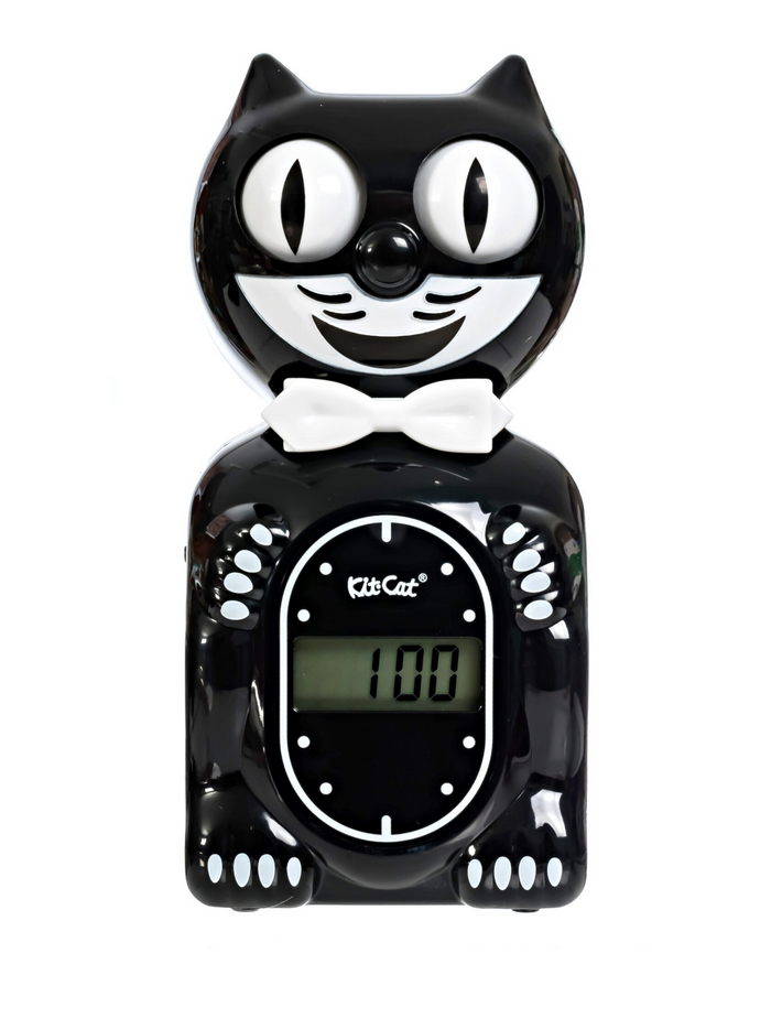 The solar powered Kit Cat clock in black. It has a white bowtie and  rolling eyes.
