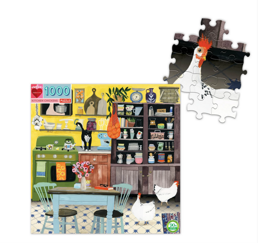 Colorful box cover with the illustration of a quaint country kitchen with chickens roaming around a cat on the counter. In the top right corner is a sample of the puzzle pieces to show the actual size. 
