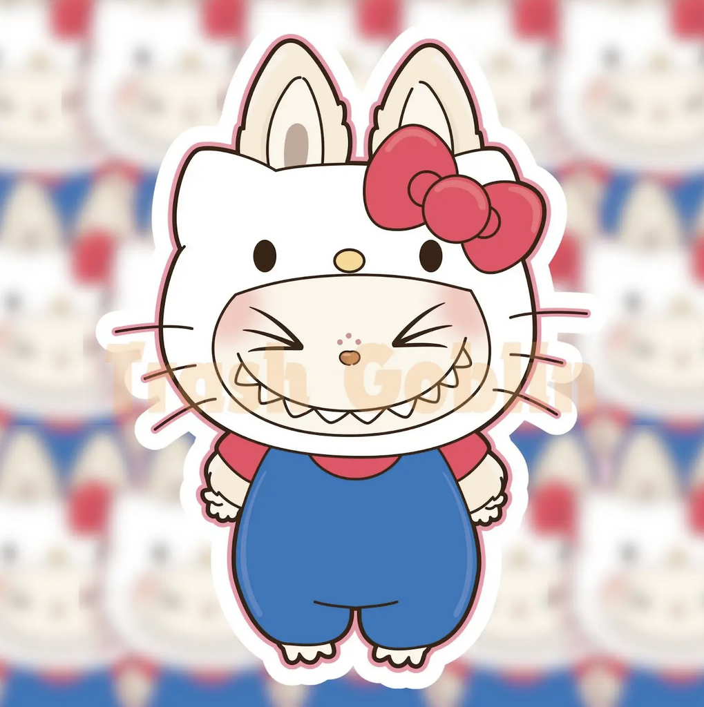 Die cut vinyl sticker of Labubu dressed as Hello Kitty wearing the trademark blue overalls, red shirt and red bow. 