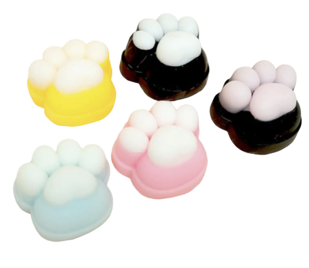 Assortment of the Kitty Paw Pop Squishy colors to be collected. Blue, pink, brown, purple and yellow. Gel filled paws for your sensory delight. 