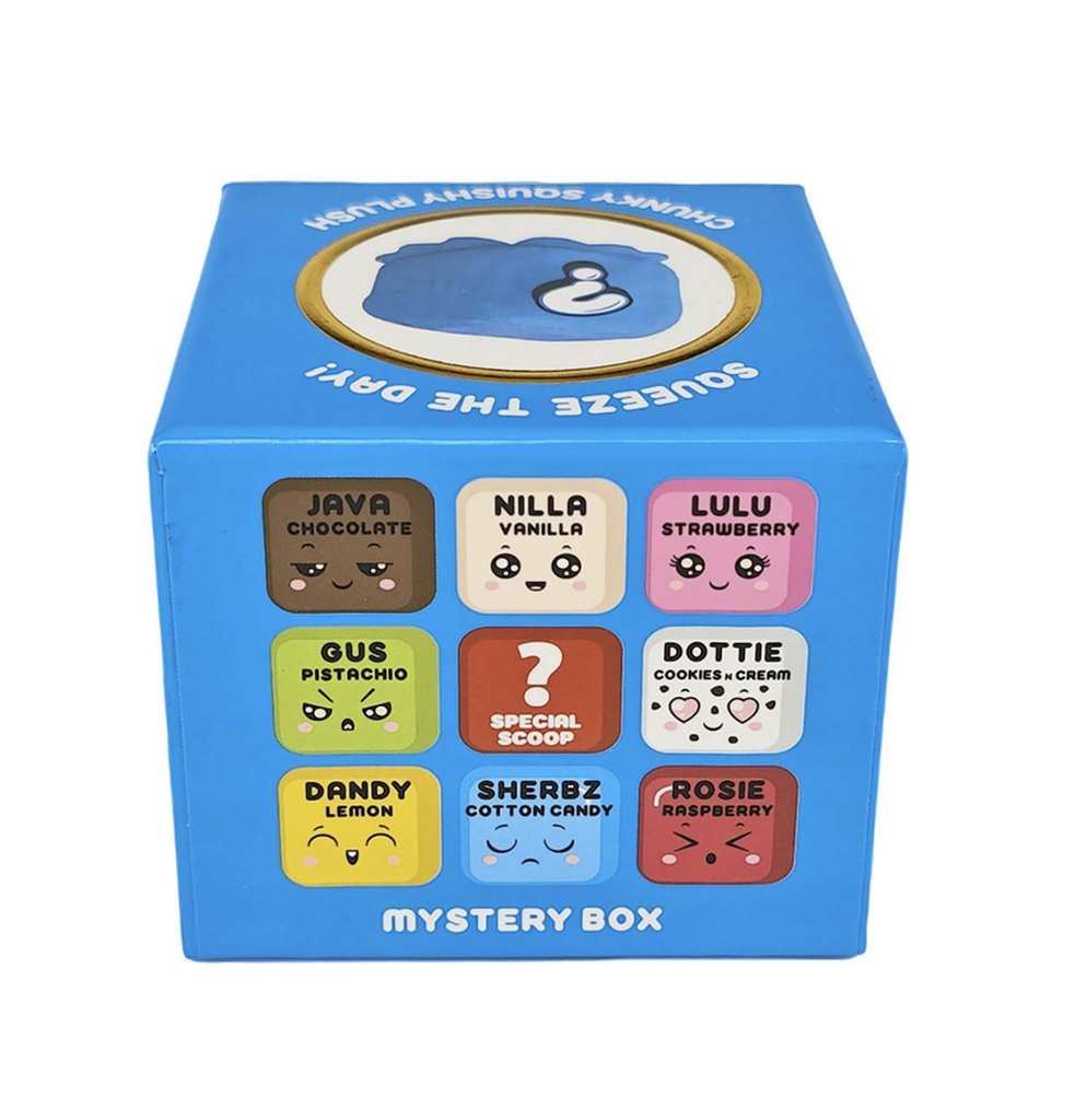 Blue box with 9 illustrations of each of the nine styles of Knead That Ice Cream Squishy toys. 