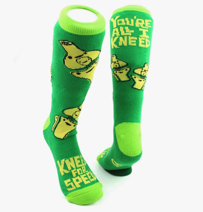 Front and back view of bright green and yellow knee socks with knee joints and "Kneed For Speed" on the toe and "You're All I Kneed" on the back.