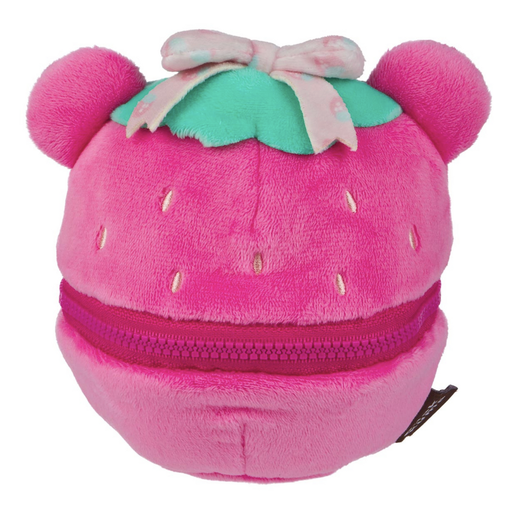 Plush strawberry zippered closed with a pink bow atop the green leaves. 