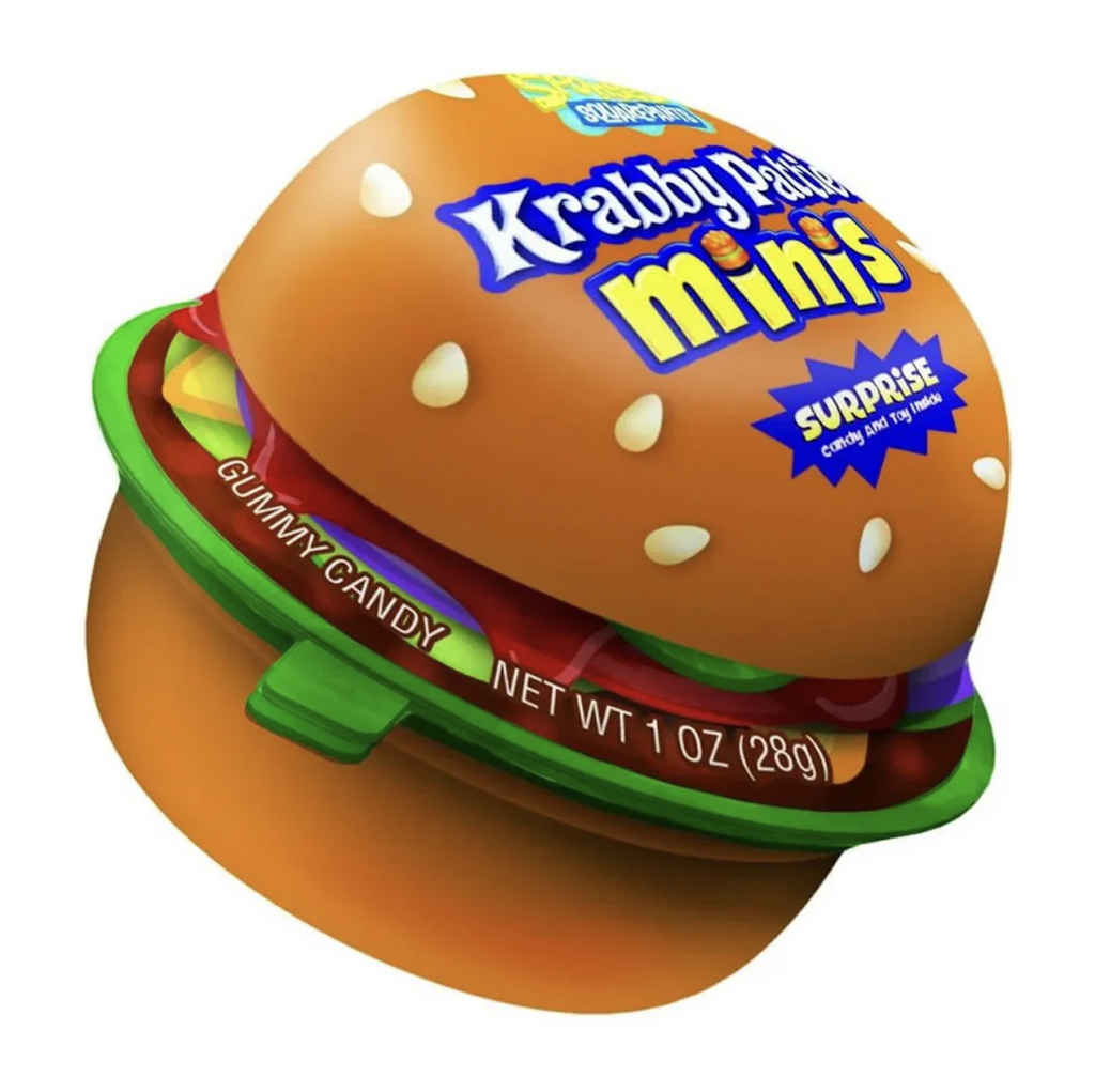 Mini Krabby Patties burger shaped container holding gummy candy and a surprise toy figure. 