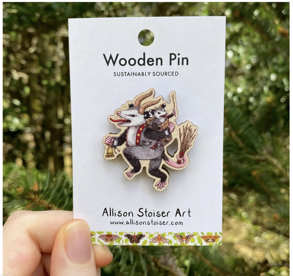 Krampus possum wooden pin on a white background