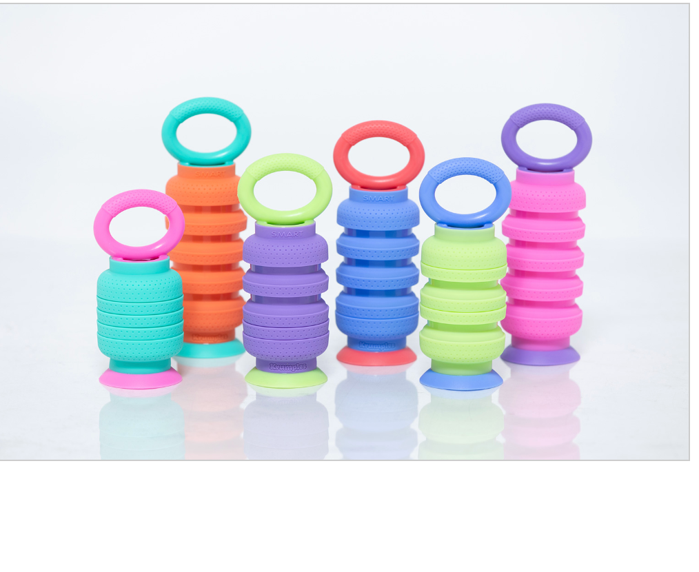 6 brightly colored Krumple Plungys on a white background.