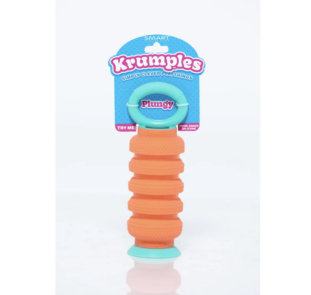 Orange and light blue food grade silicone Krumple Plungy on a white background.