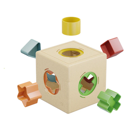 The Kubo shape sorter cube with the various shapes around it, each shapes color matches the color of the hole they fit in. 