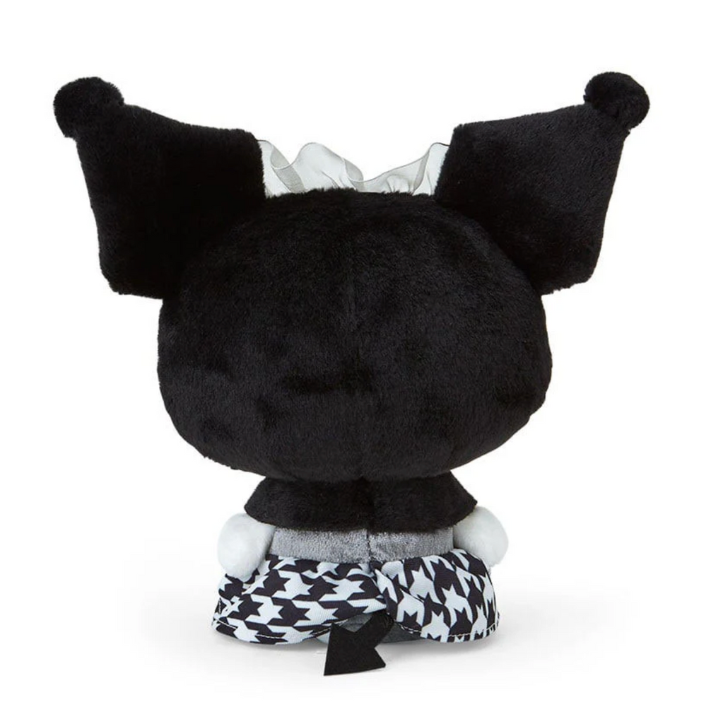 View from the back of Kuromi in her black and white houndstooth outfit. 