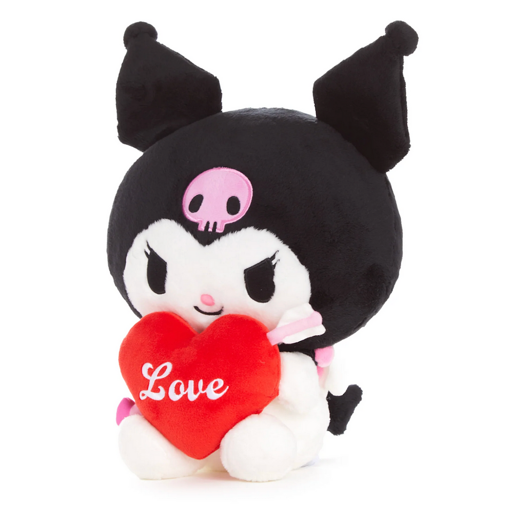 Side view of cupid Kuromi stuffed animal from Sanrio holding a heart with an arrow through it that reads "Love"