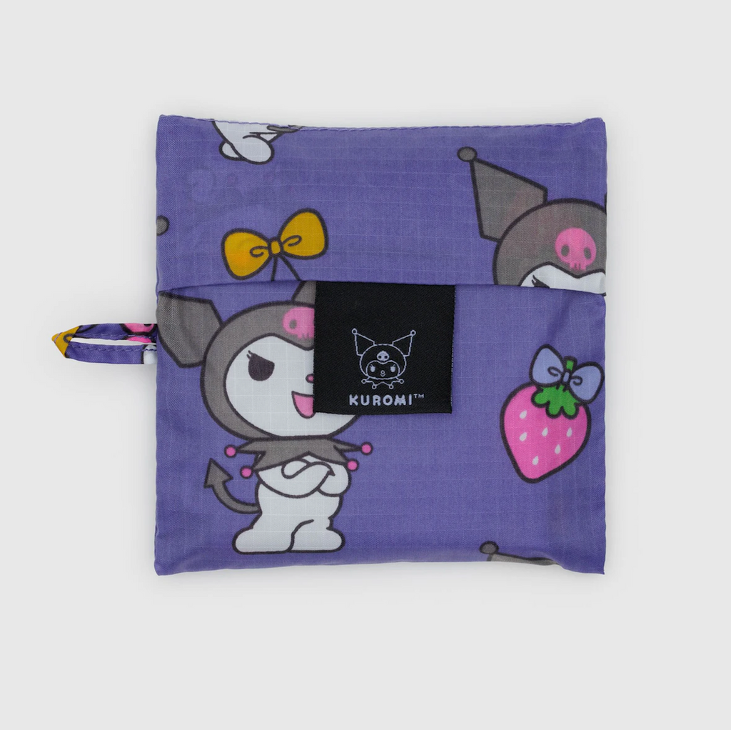 Purple Baggu bag folded into it's 5 x 5 pouch with Kuromi pattern on it. 