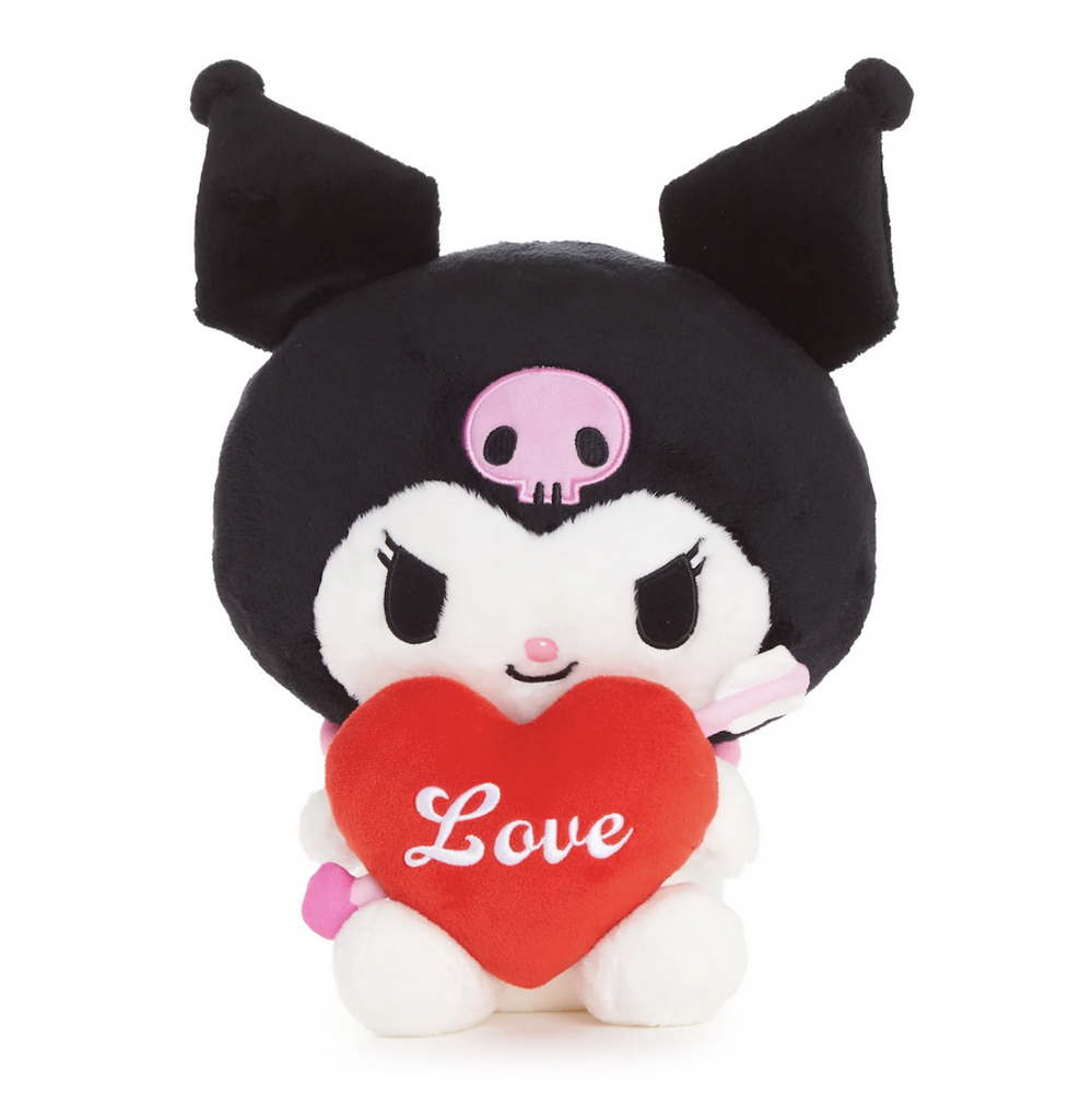 10 inch plush Kuromi doll in a sitting position holding a heart with an arrow through it that reads "Love"