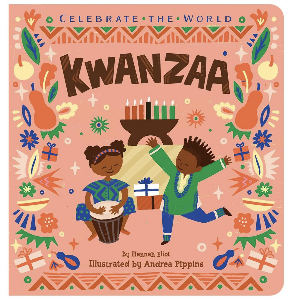 Cover of Kwanzaa Celebrate the World board book with an illustration of children celebrating and dancing in front of a kinara.  