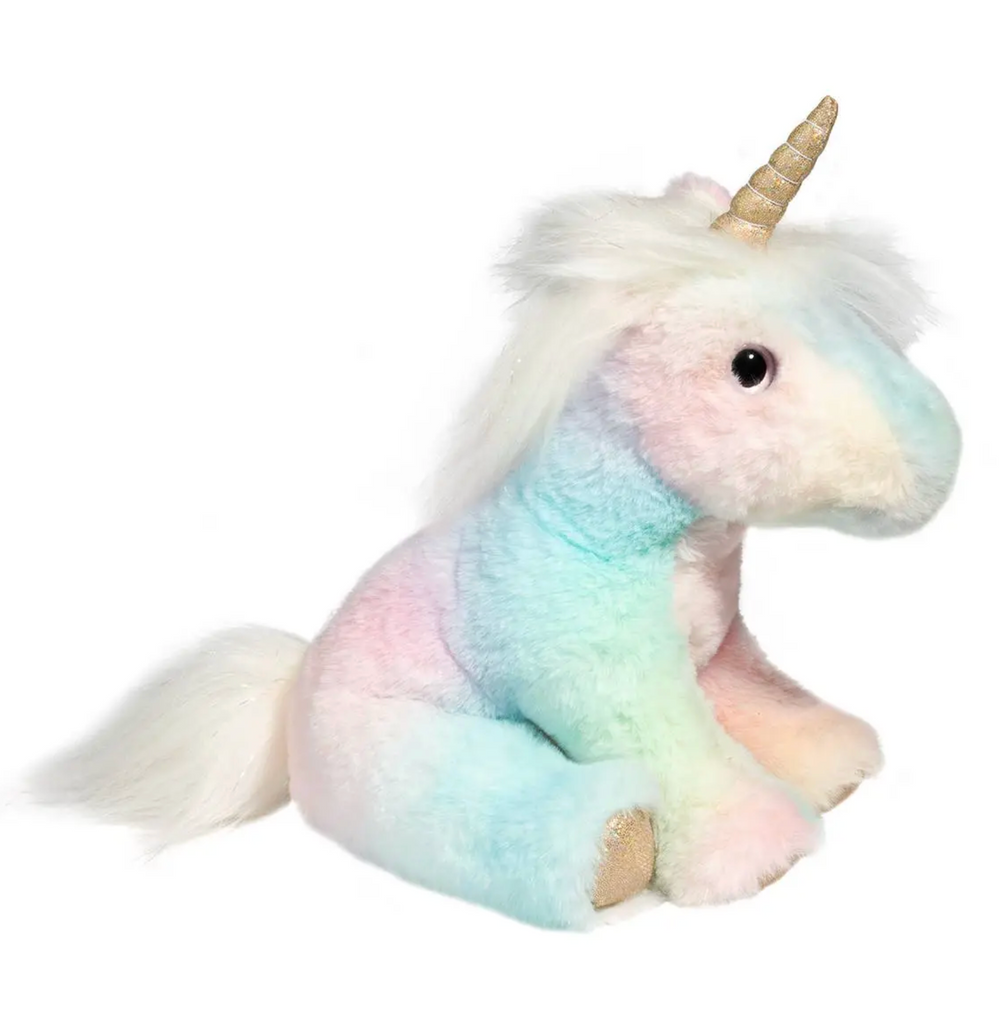 Plush unicorn with rainbow colored fur, white mane and tail and gold horn. 