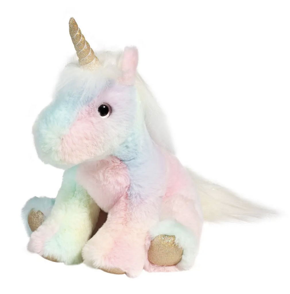 Kylie the rainbow unicorn stuffed animal with glittery gold horn and hooves. 
