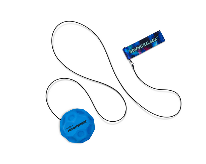 Blue Bounceback rebounder with a strap on a white background
