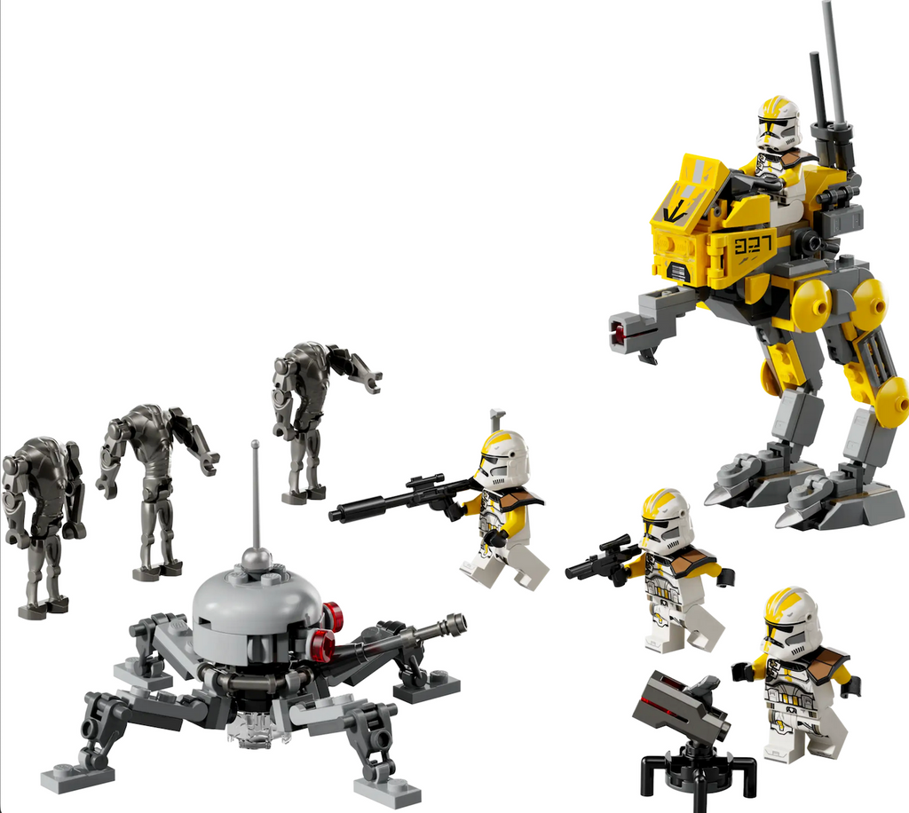 LEGO Star Wars™ minifigures of Clone Troopers in their iconic 327th Star Corps outfits and 3 Super Battle Droid LEGO figures, a Spider Droid and an AT-RT walker all included in the 327th Star Corps Clone Troopers Battle Pack. 