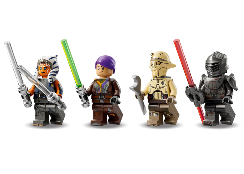 Four minifigures Ahsoka Tano with 2 lightsabers, Sabine Wren with 2 blasters, Professor Huyang with a wrench accessory element and Marrok with a double-bladed lightsaber.