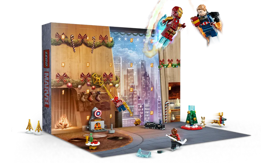 LEGO Avengers Advent Calendar open to show 24 doors and some of the pieces from the calendar. 