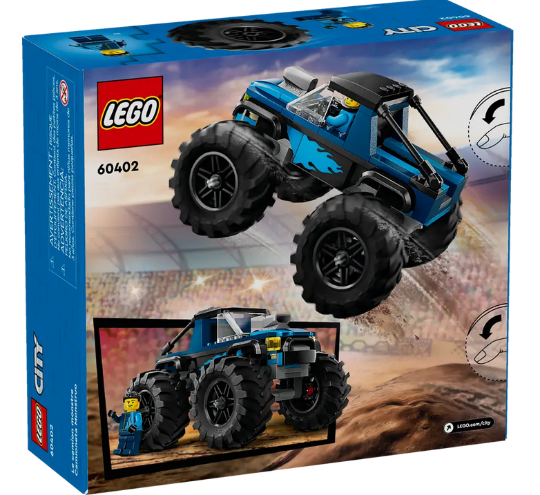 Back view of the box for the Blue Monster Truck featuring the monster truck in the air. 
